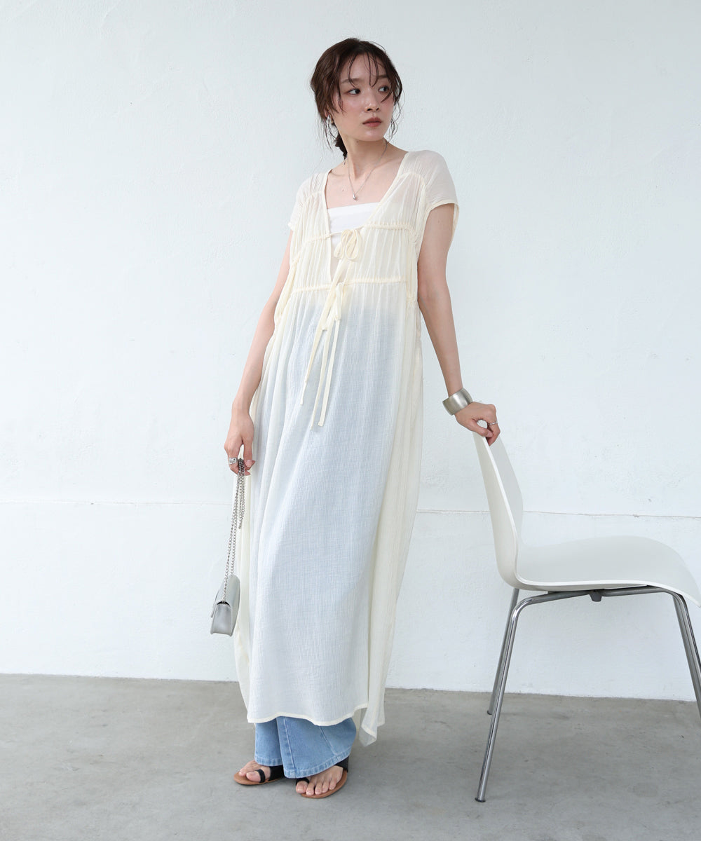 【S・Mサイズ展開】Vネックギャザーリボンワンピース
