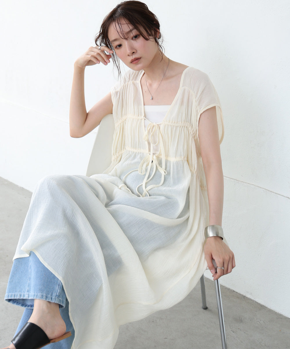 【S・Mサイズ展開】Vネックギャザーリボンワンピース