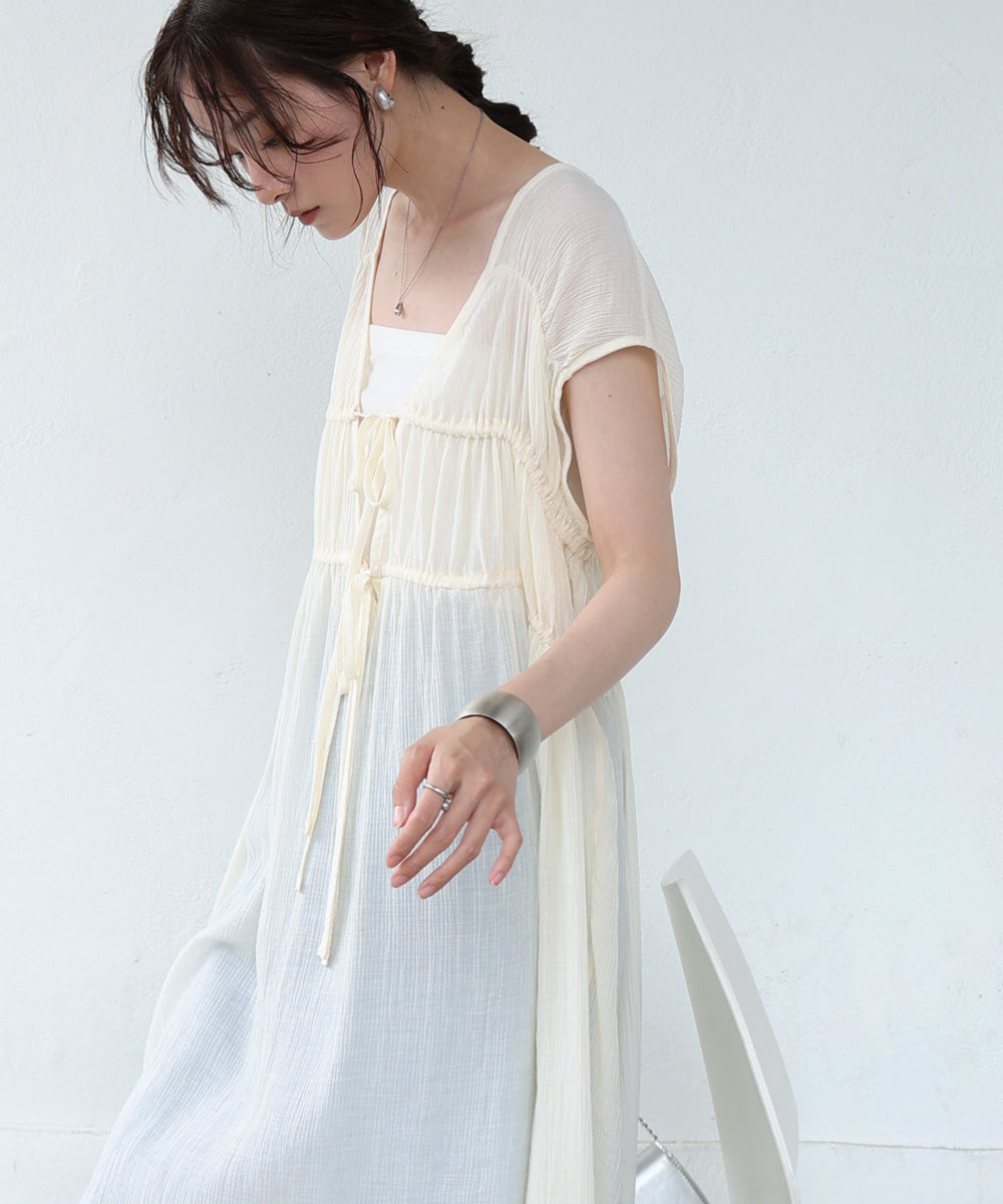 【S・Mサイズ展開】Vネックギャザーリボンワンピース