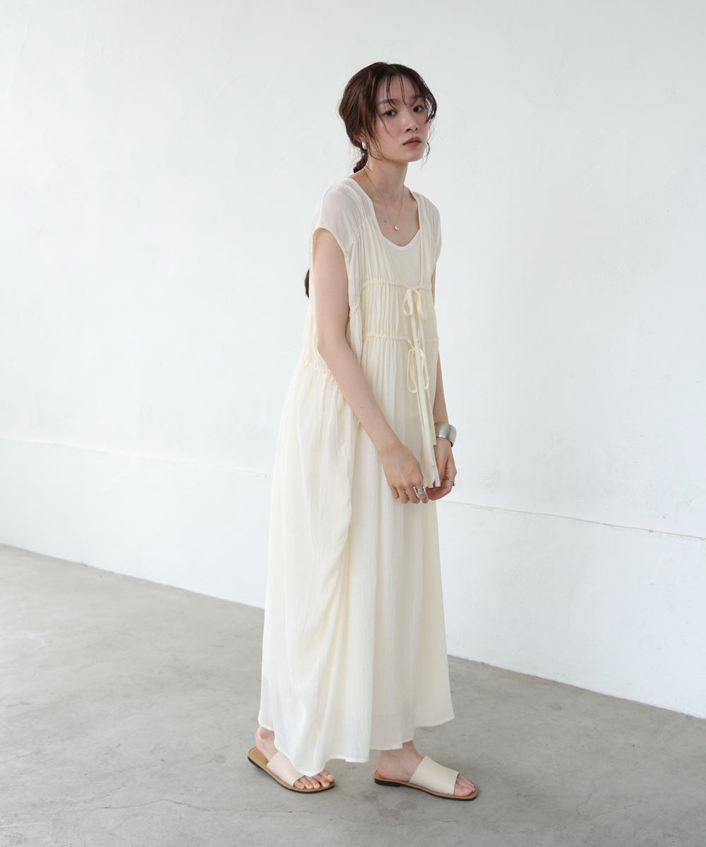 【S・Mサイズ展開】Vネックギャザーリボンワンピース