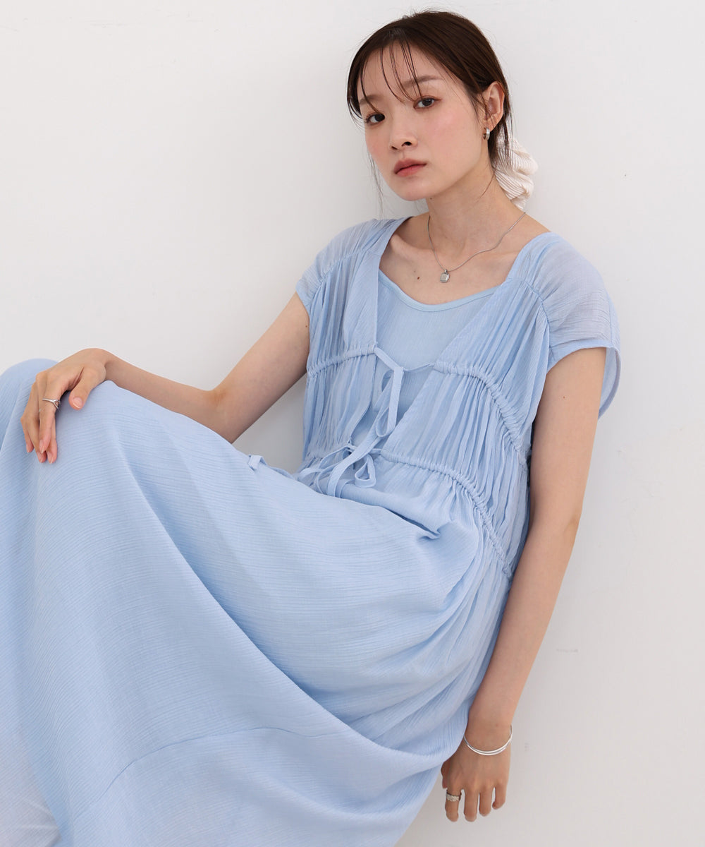 【S・Mサイズ展開】Vネックギャザーリボンワンピース