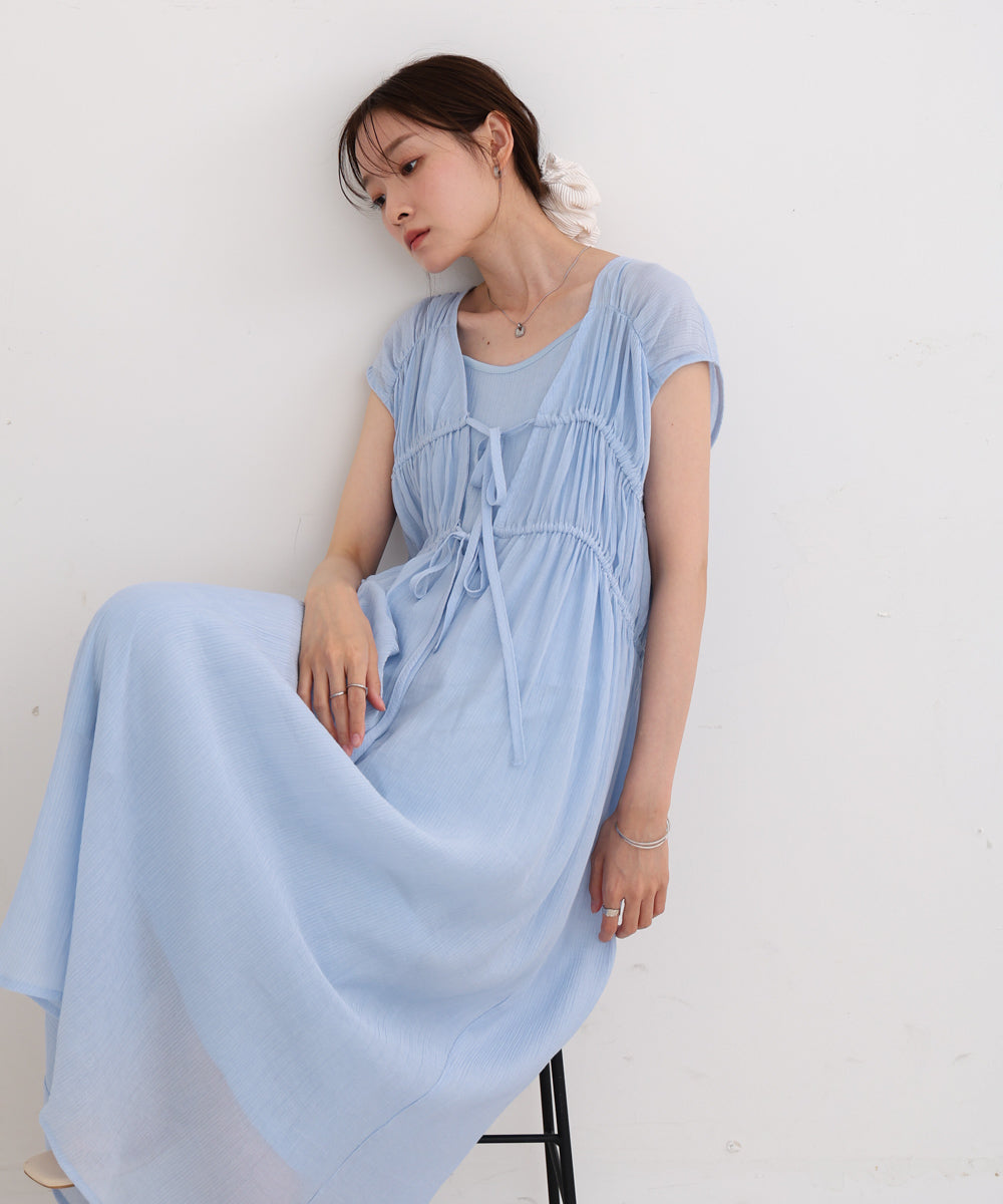 【S・Mサイズ展開】Vネックギャザーリボンワンピース