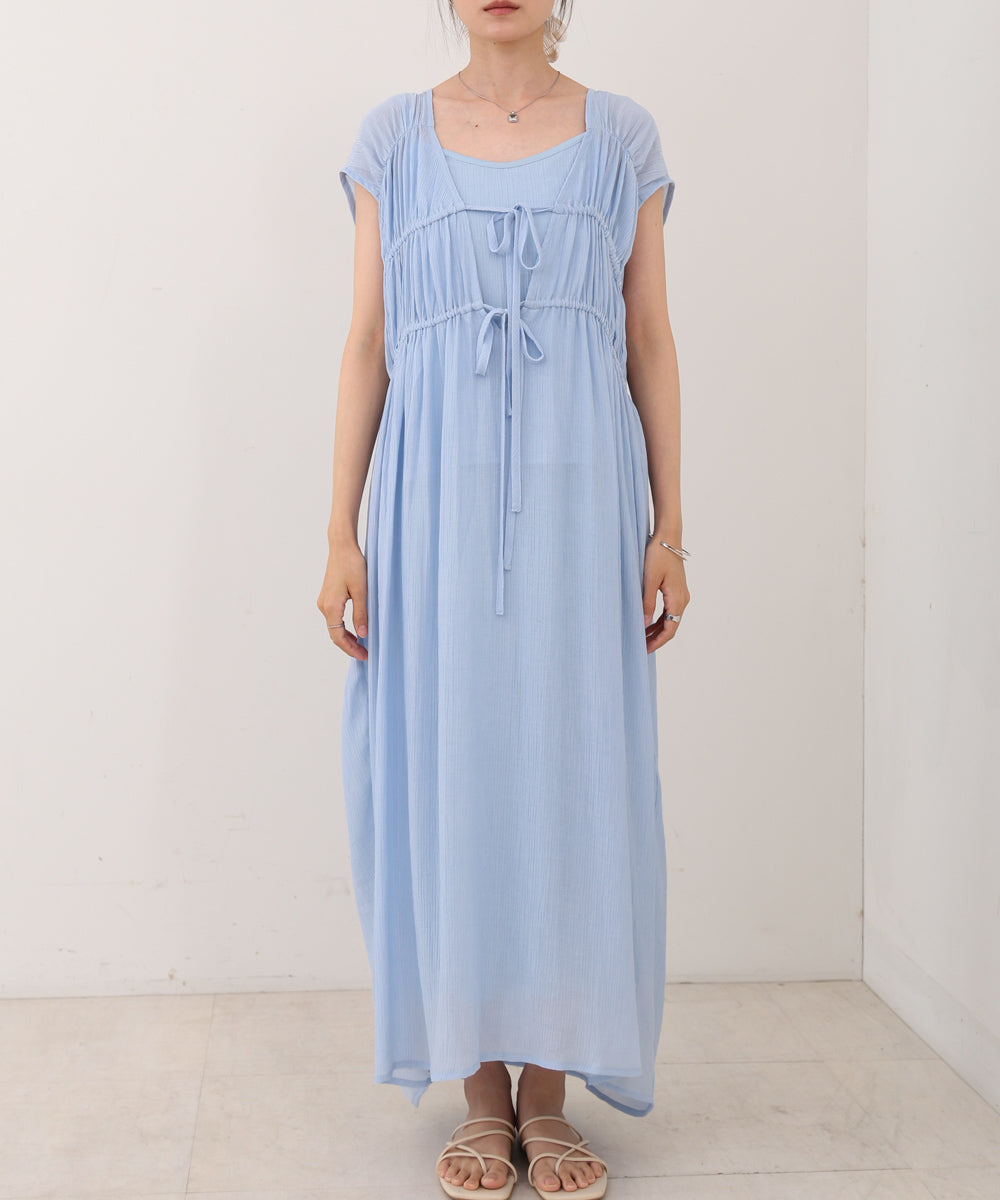 【S・Mサイズ展開】Vネックギャザーリボンワンピース