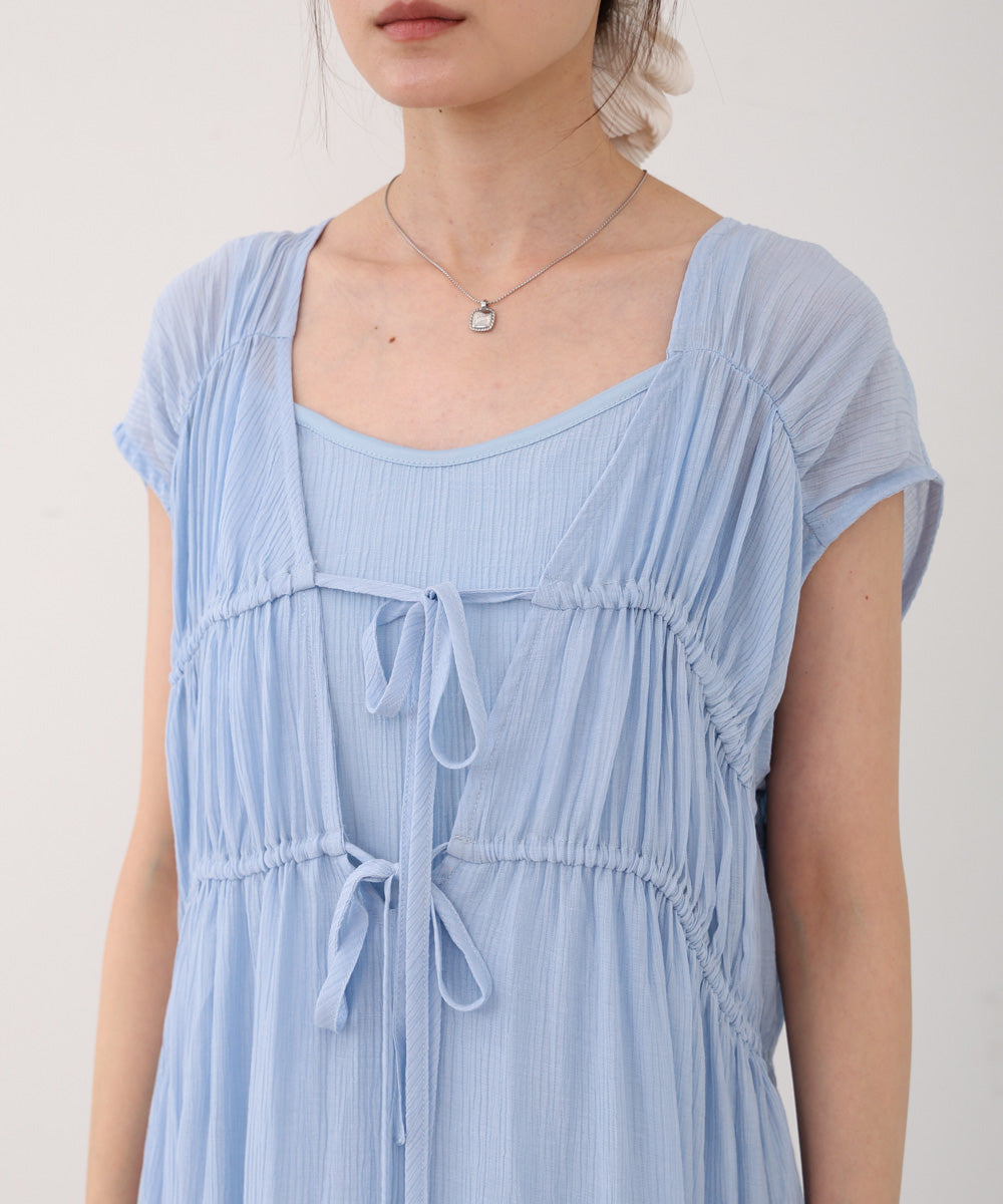 【S・Mサイズ展開】Vネックギャザーリボンワンピース