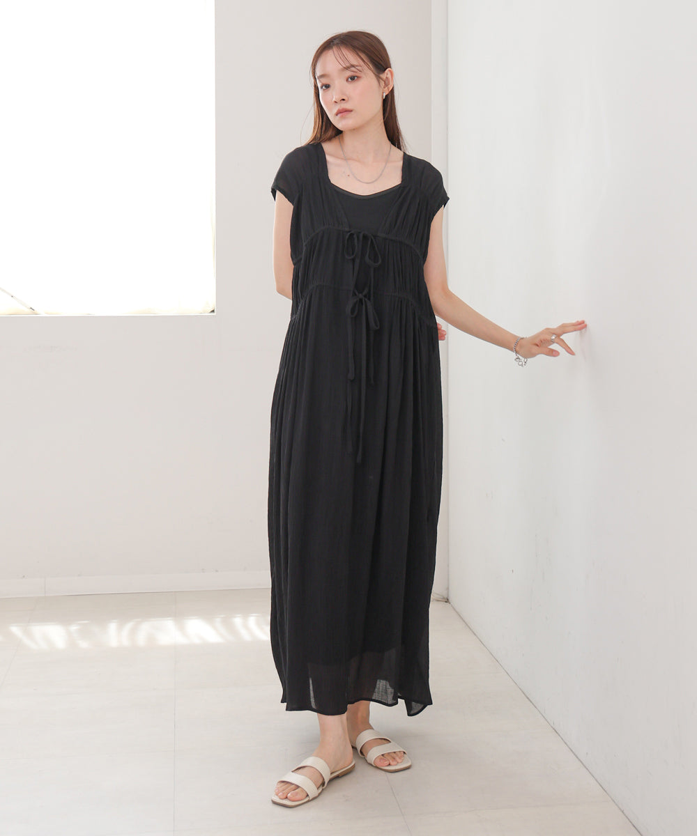 【S・Mサイズ展開】Vネックギャザーリボンワンピース