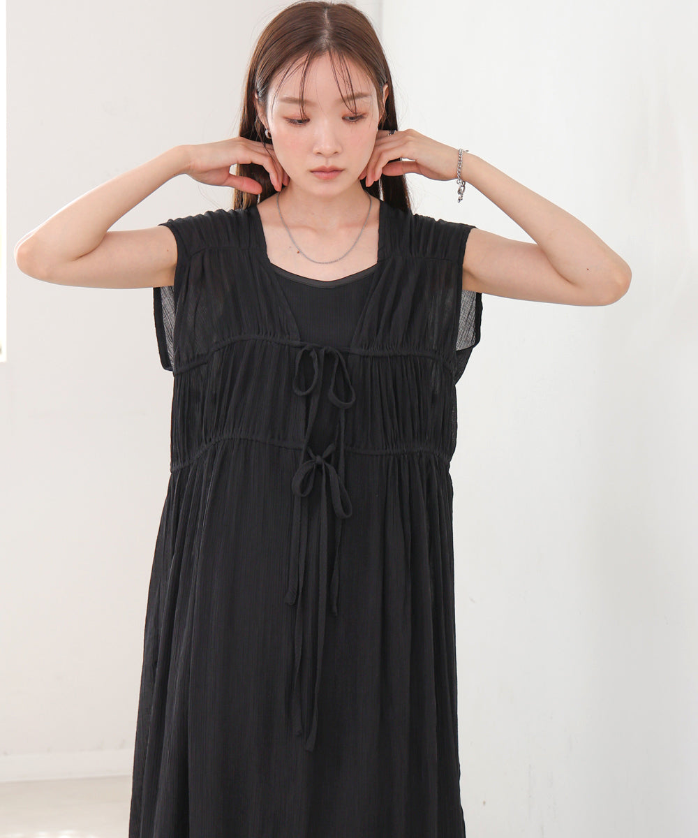 【S・Mサイズ展開】Vネックギャザーリボンワンピース