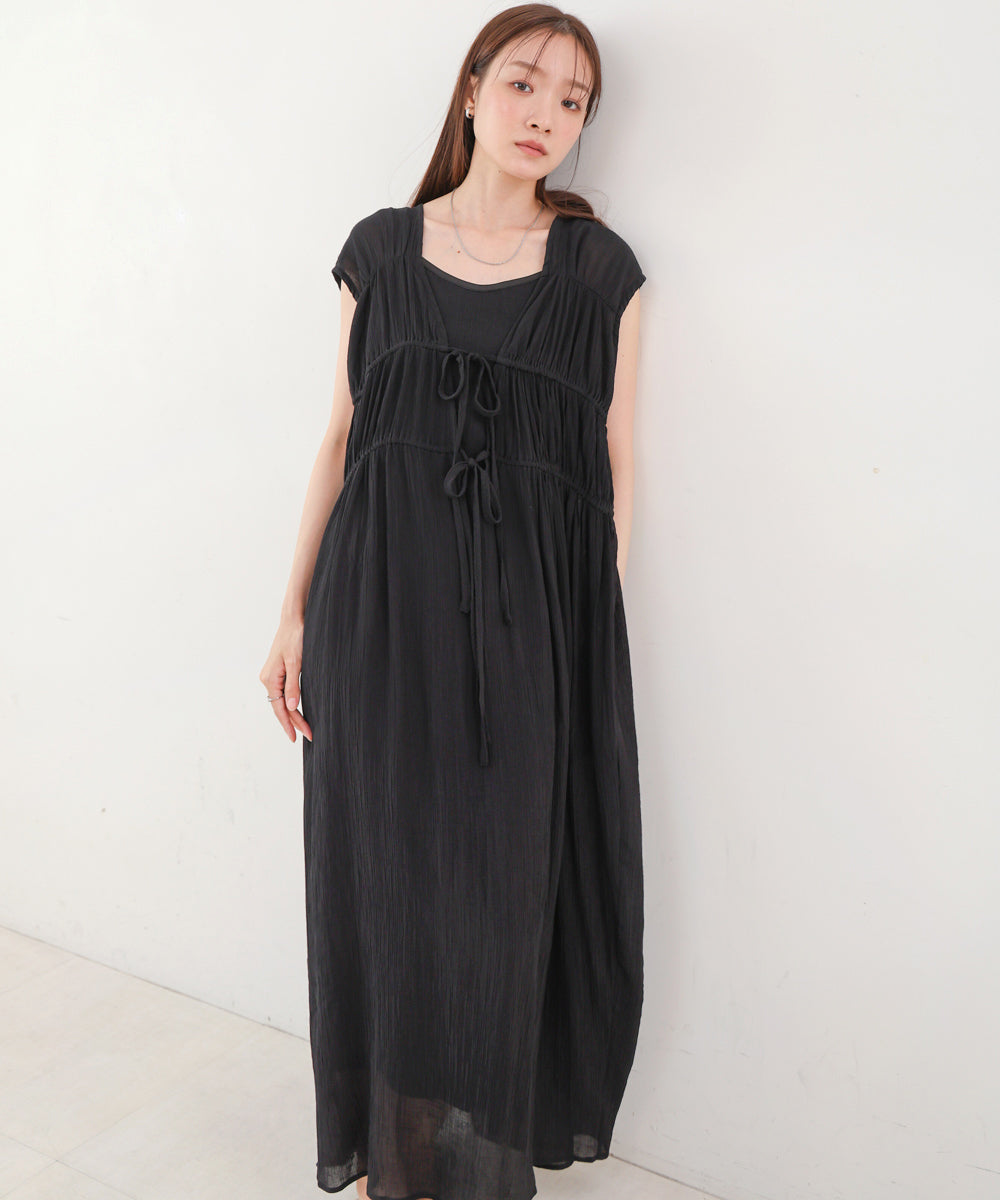 【S・Mサイズ展開】Vネックギャザーリボンワンピース