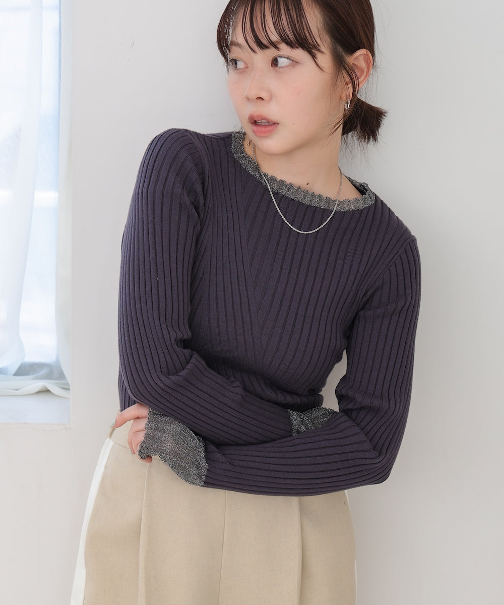 【選べるネック】シアー使いリブニットトップス