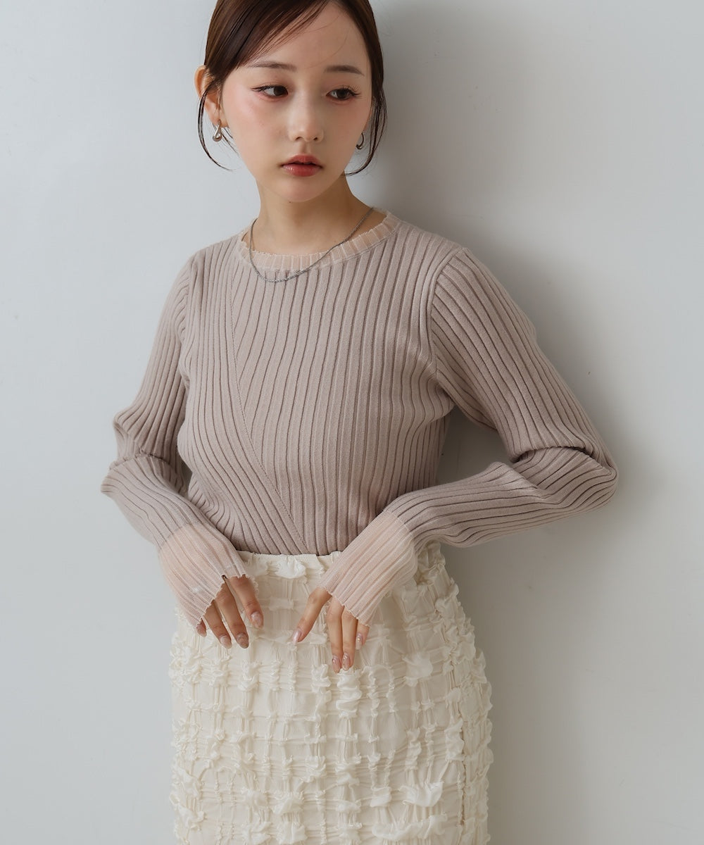 【選べるネック】シアー使いリブニットトップス