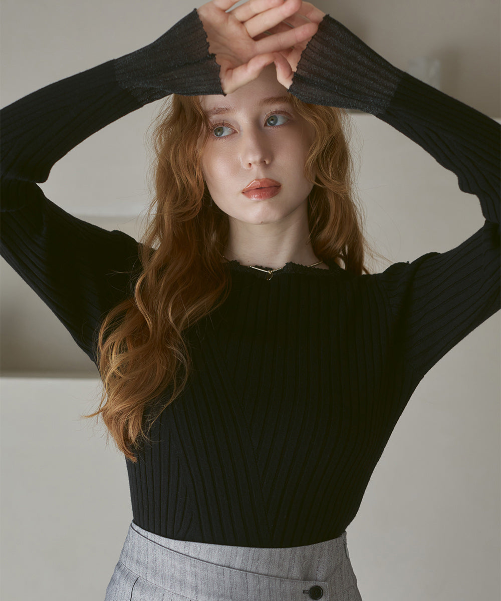 【選べるネック】シアー使いリブニットトップス