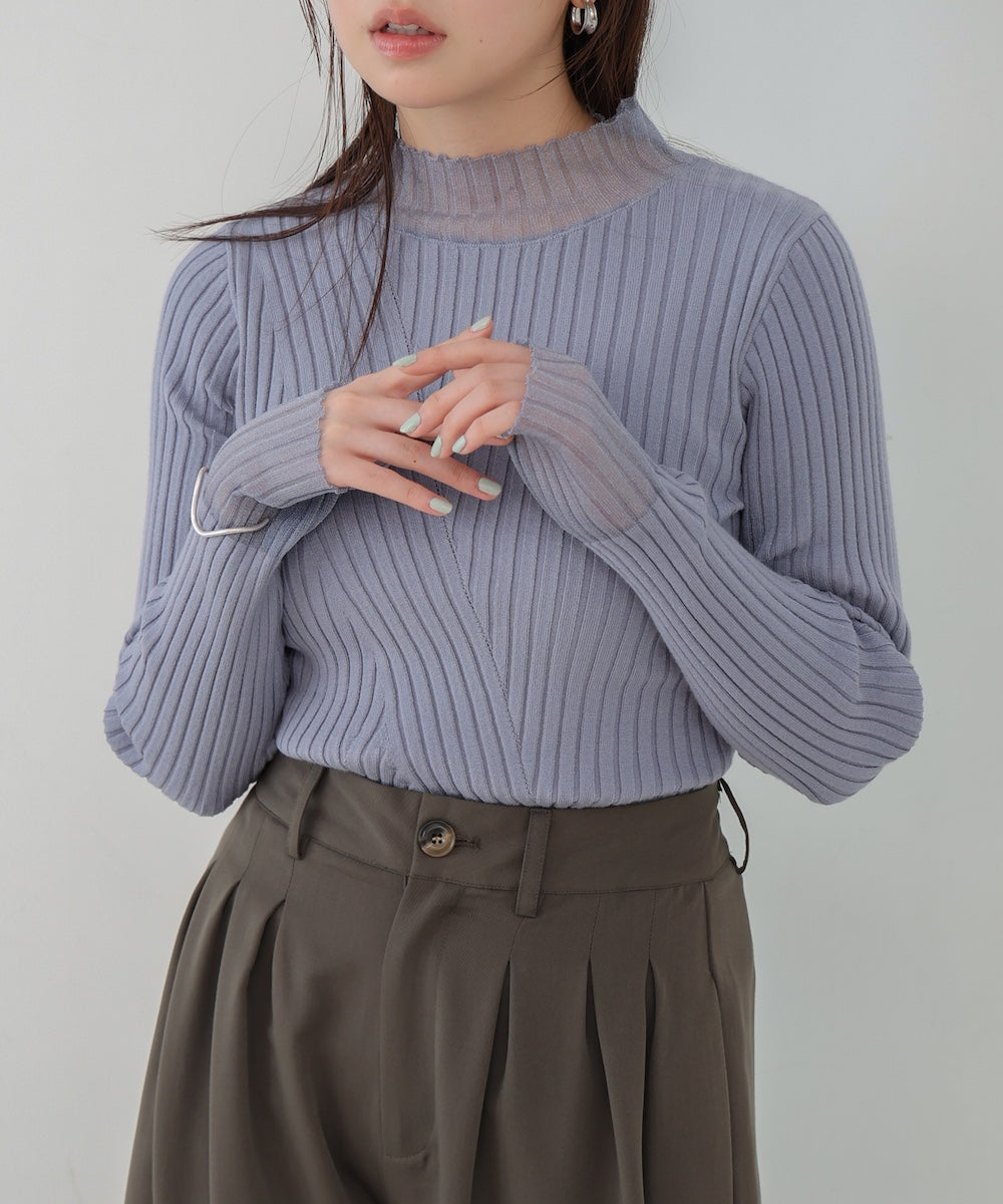 【選べるネック】シアー使いリブニットトップス