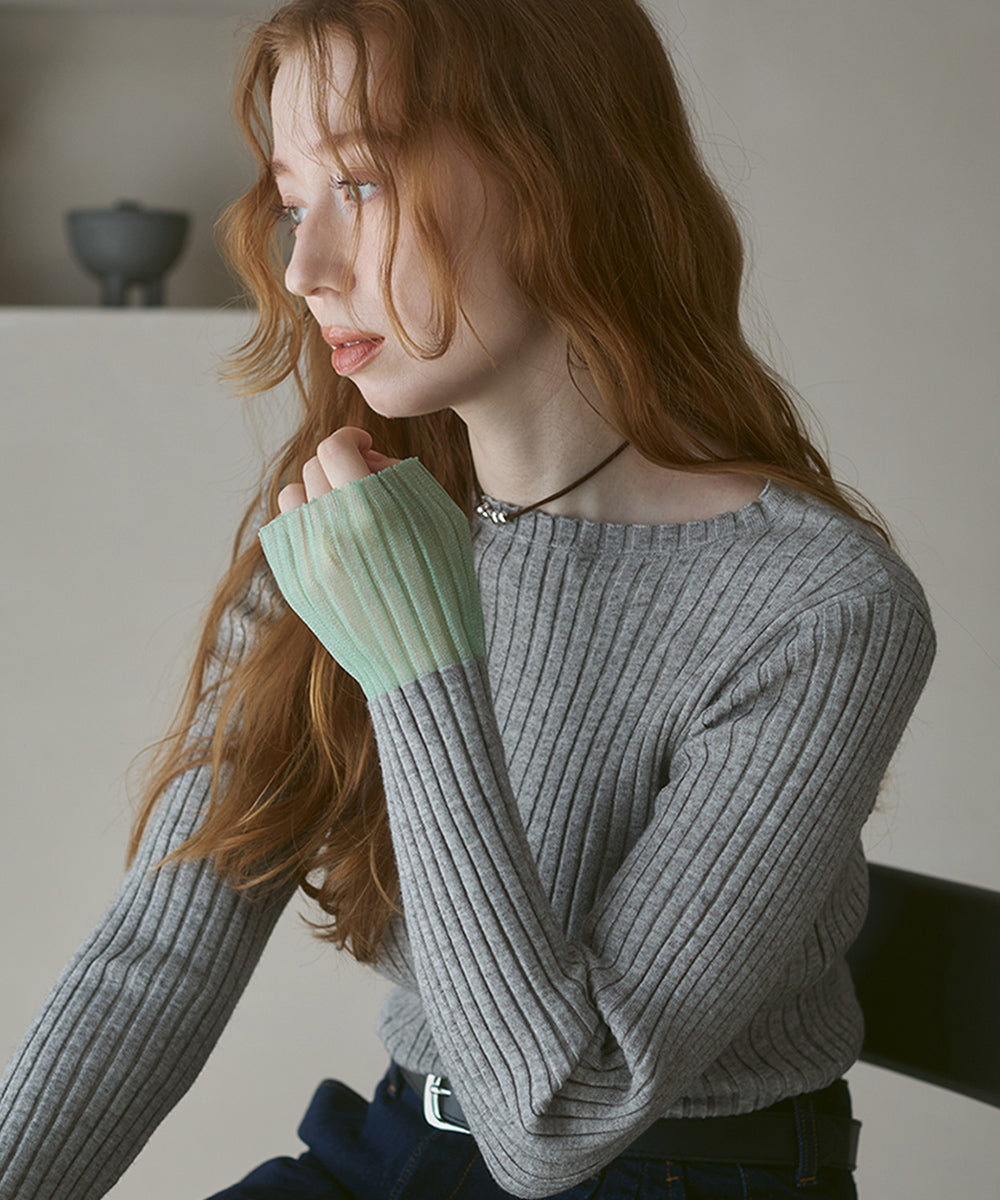 【選べるネック】シアー使いリブニットトップス
