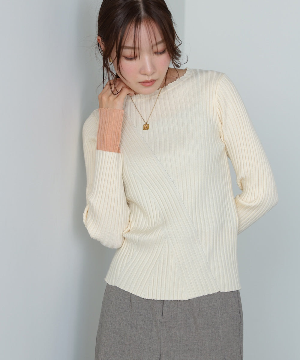 【選べるネック】シアー使いリブニットトップス