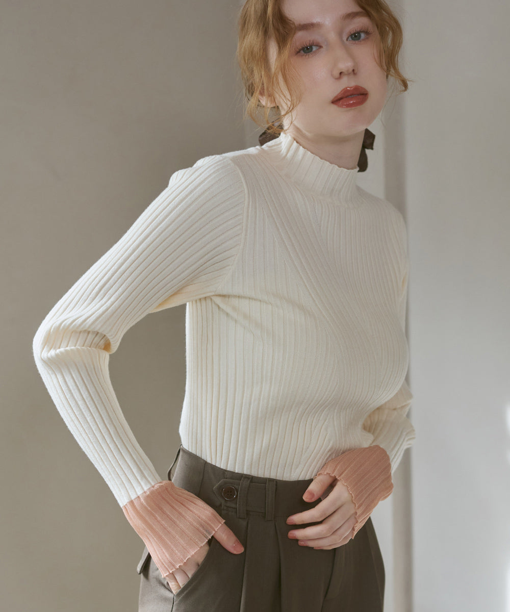 【選べるネック】シアー使いリブニットトップス