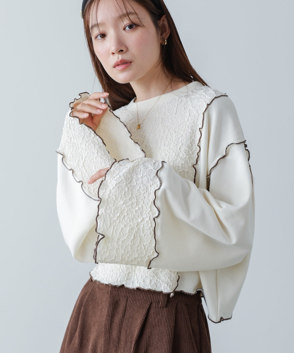 異素材切り替え配色メロートップス