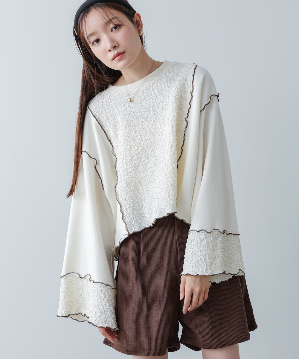 異素材切り替え配色メロートップス