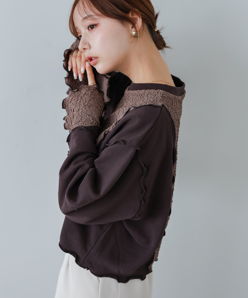 異素材切り替え配色メロートップス