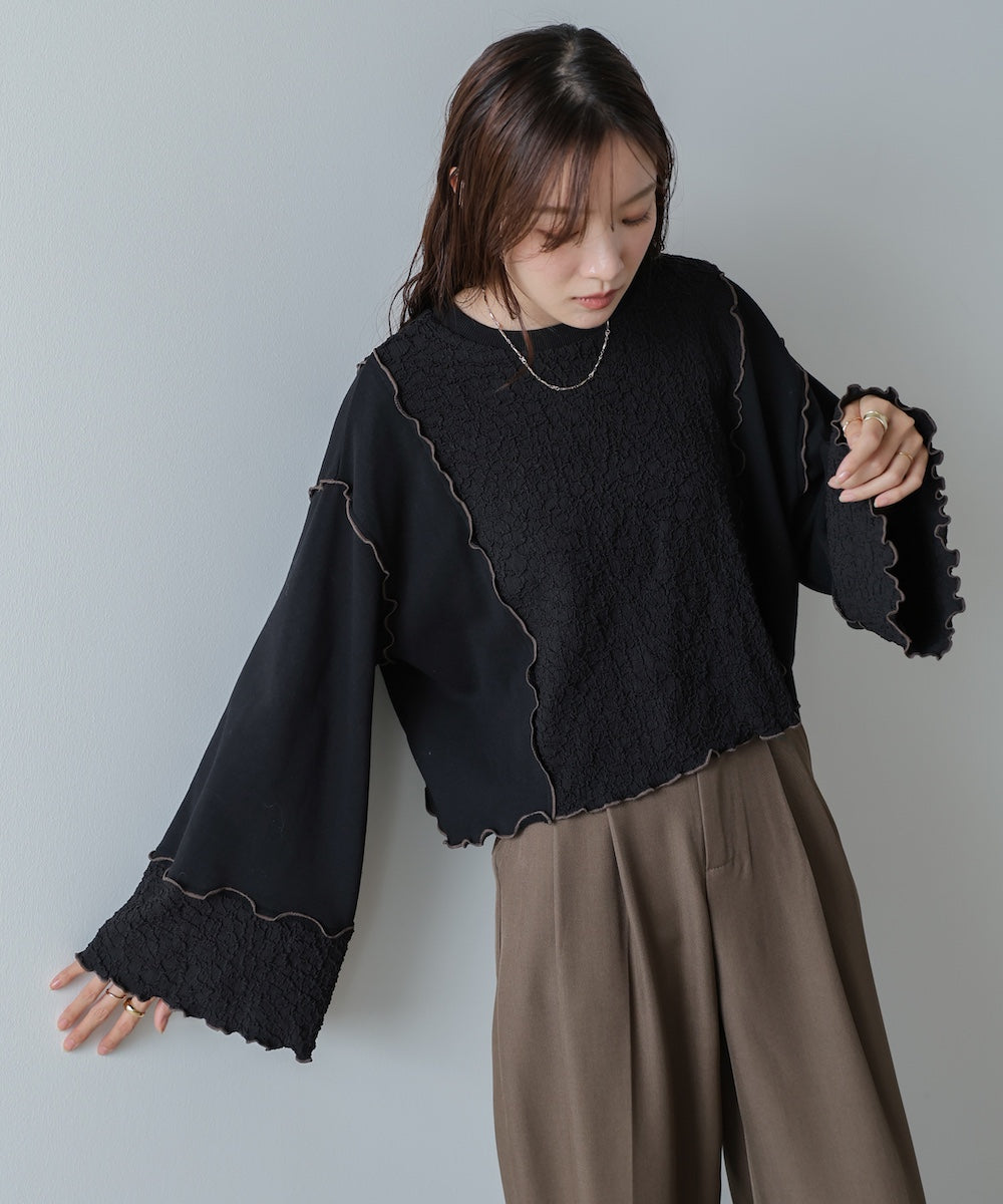 異素材切り替え配色メロートップス