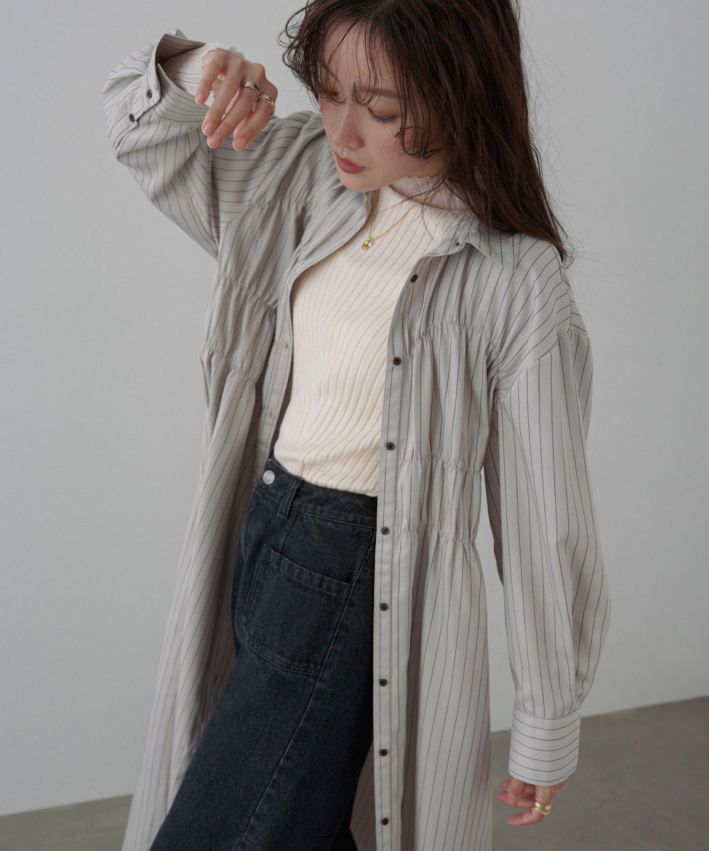 ストライプビスチェ風シャツワンピース