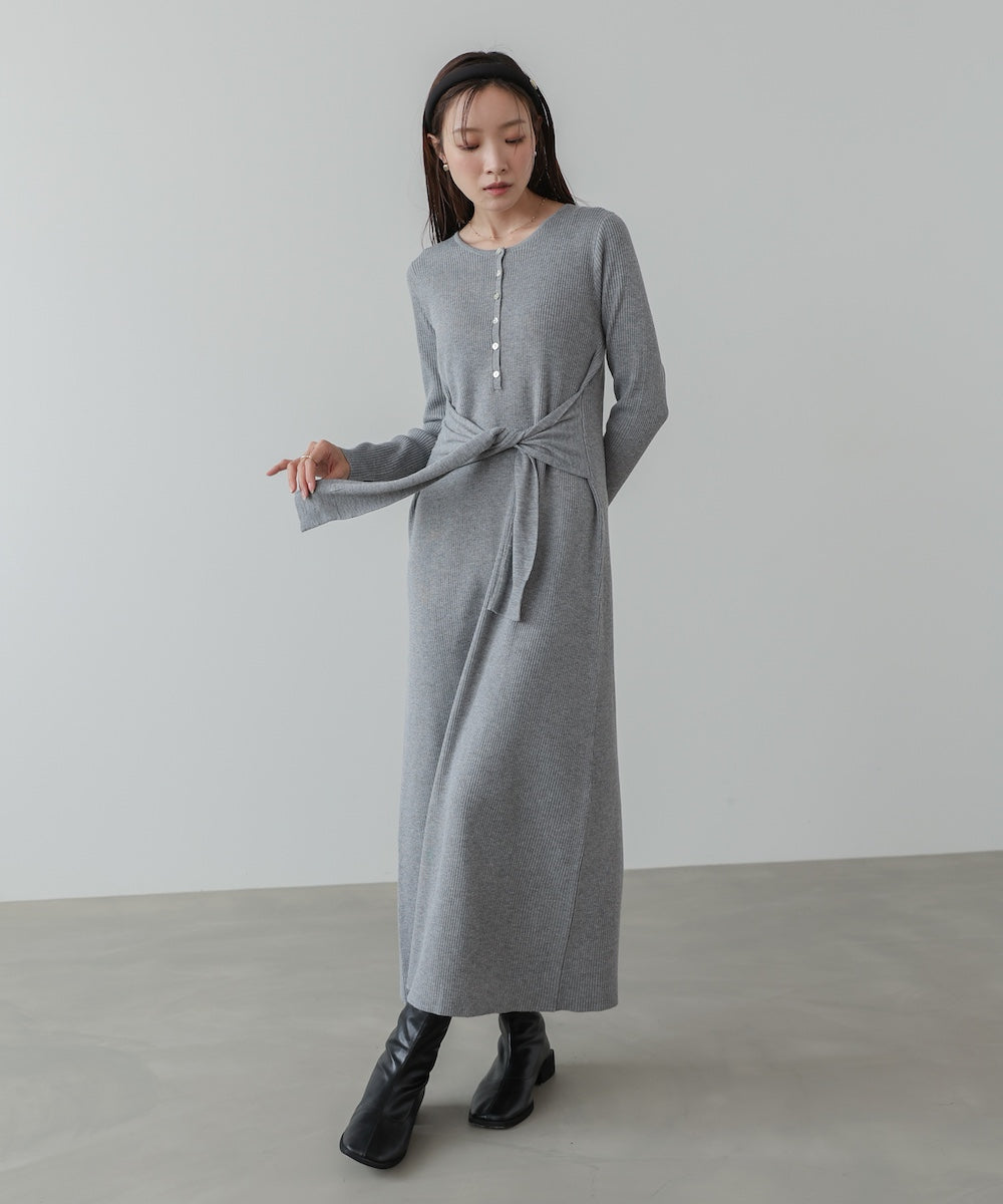 レイヤード風ウエスト結びリブニットワンピース