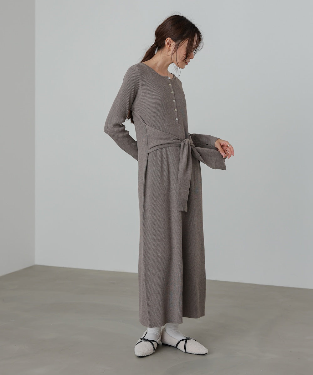 レイヤード風ウエスト結びリブニットワンピース