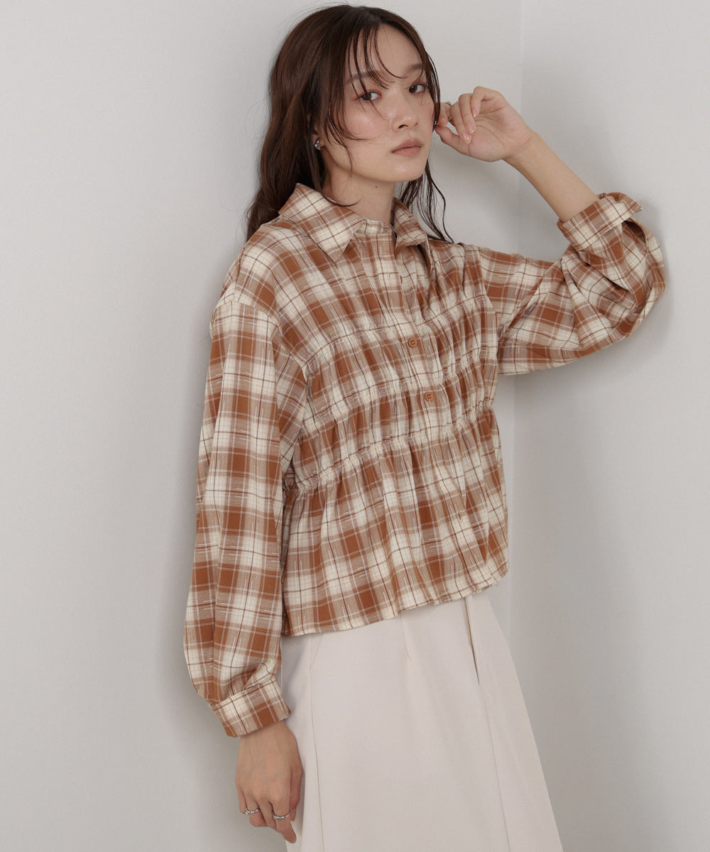 シャーリングビスチェ風デザインチェックシャツ