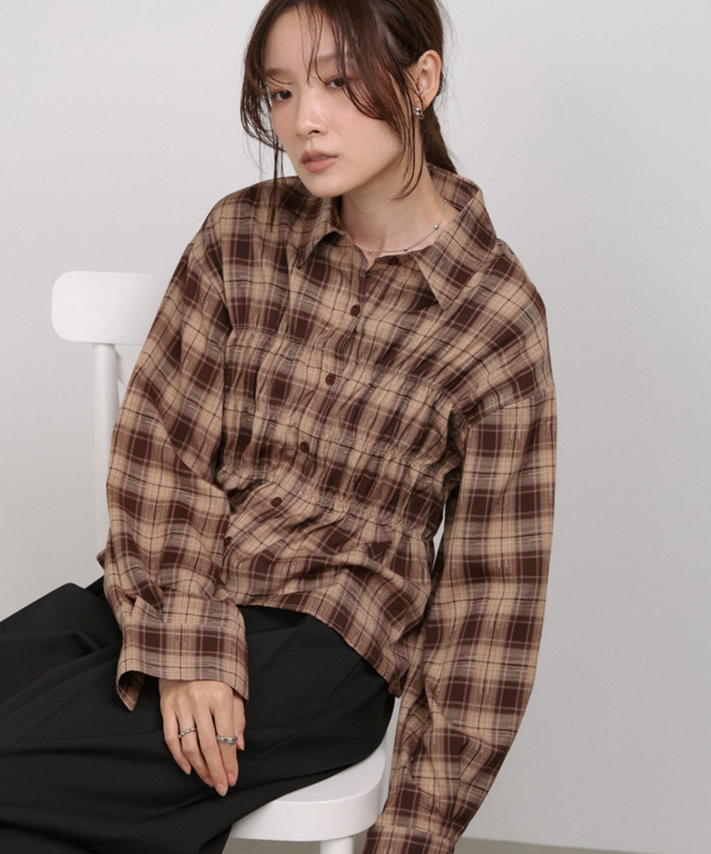 シャーリングビスチェ風デザインチェックシャツ – Bab