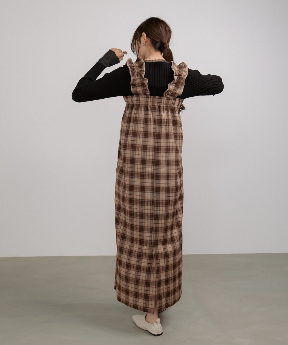 チェックギャザージャンパーワンピース