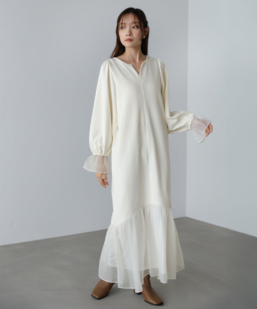 オーガンジー切替スウェットワンピース