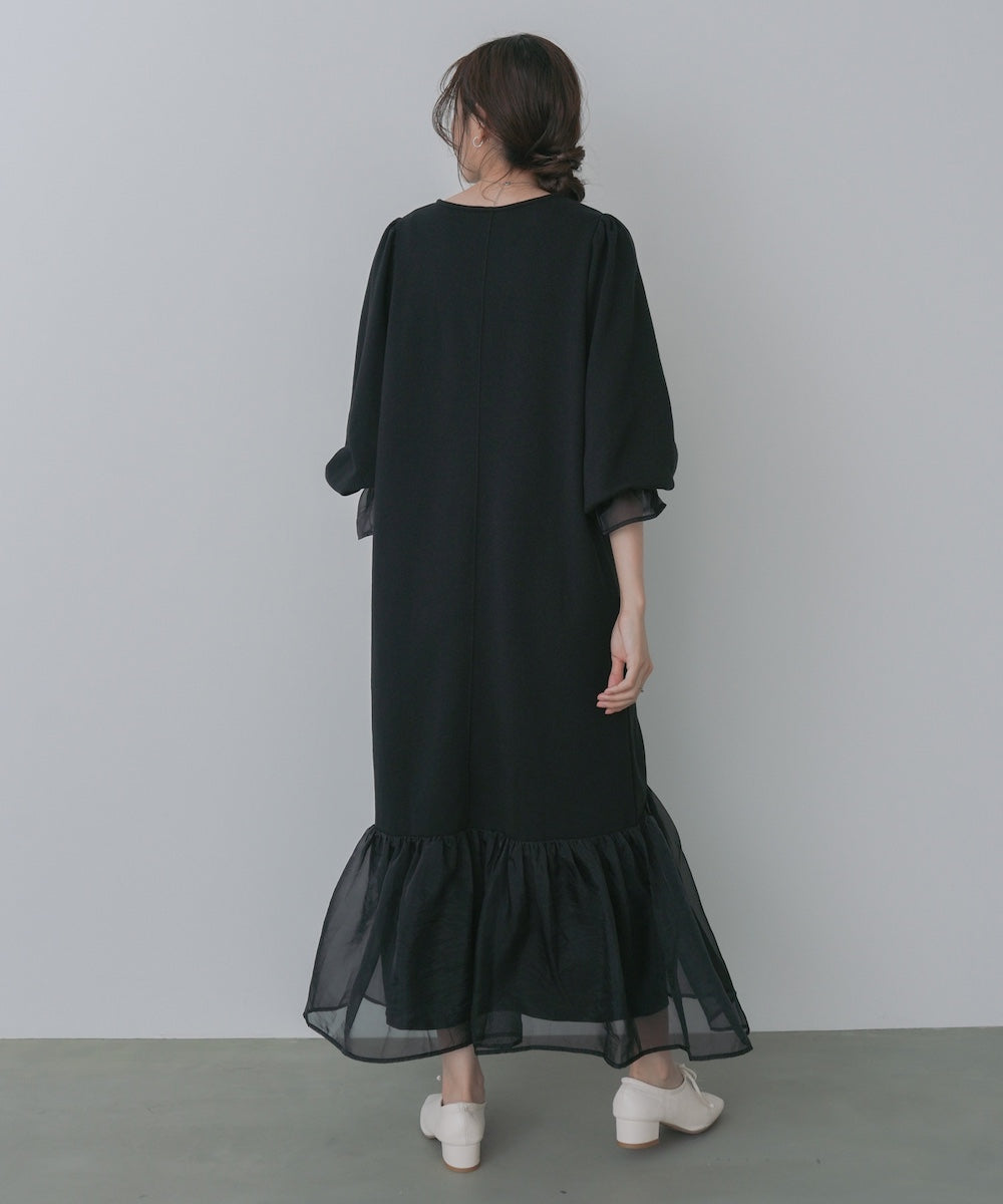 オーガンジー切替スウェットワンピース
