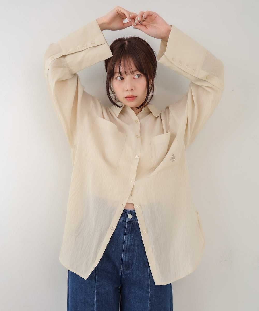 ワイドカフスワンポイント刺繍シアーシャツ
