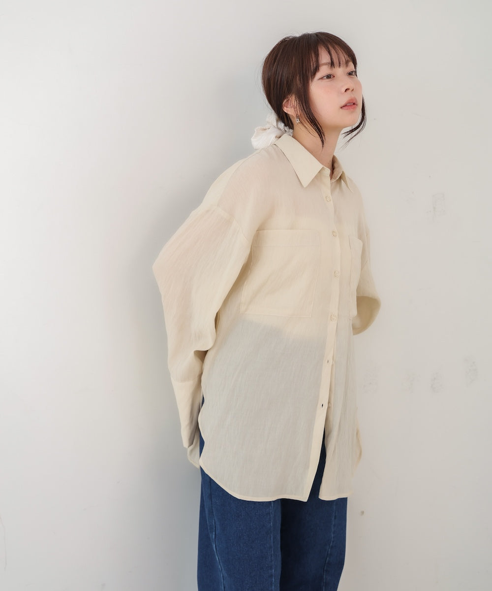 ワイドカフスワンポイント刺繍シアーシャツ