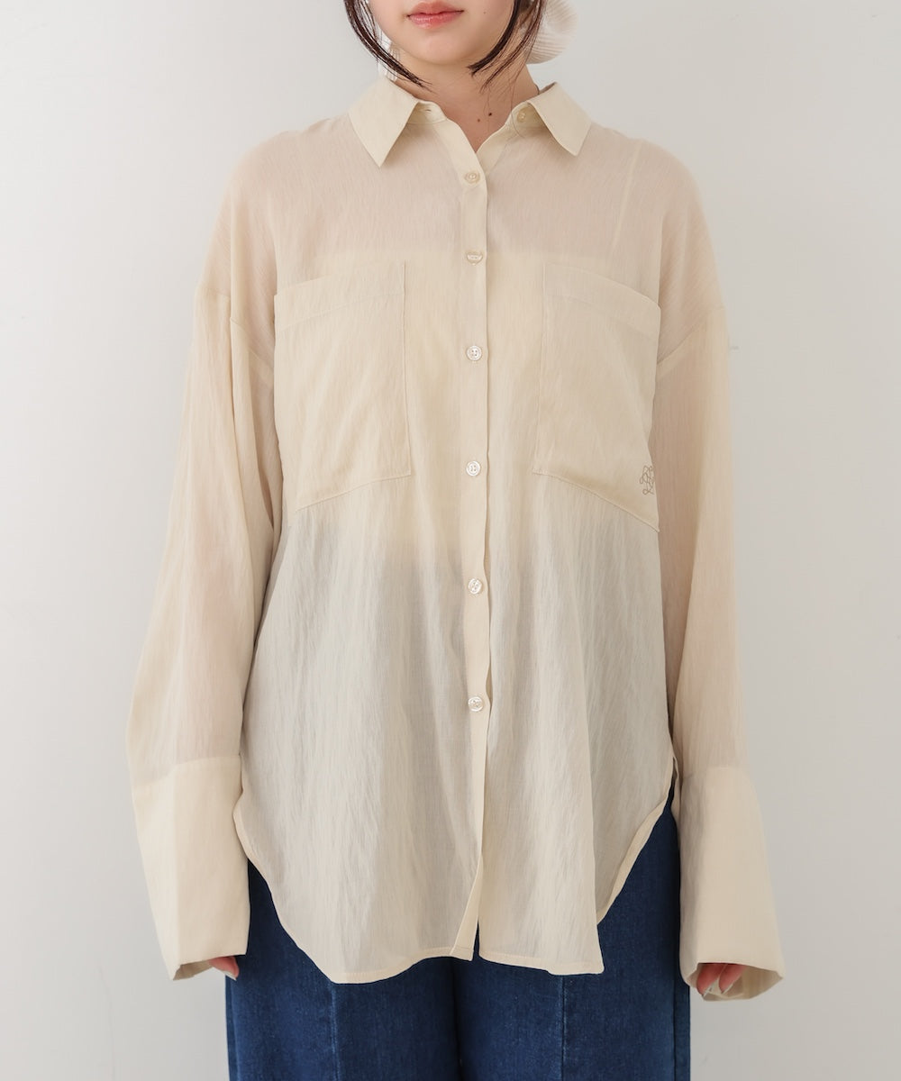 ワイドカフスワンポイント刺繍シアーシャツ