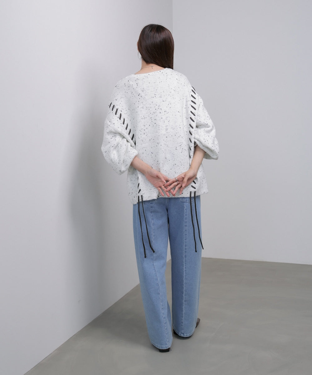 チョコチップ風ネップ 編み上げニットトップス