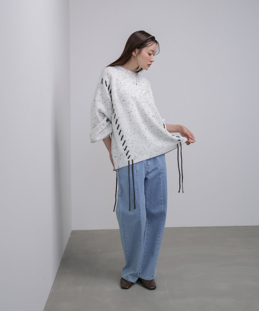 チョコチップ風ネップ 編み上げニットトップス