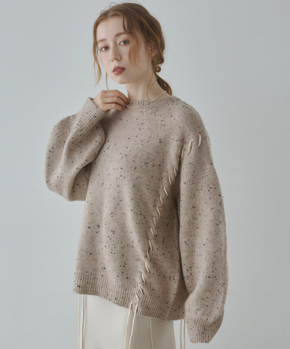 チョコチップ風ネップ 編み上げニットトップス