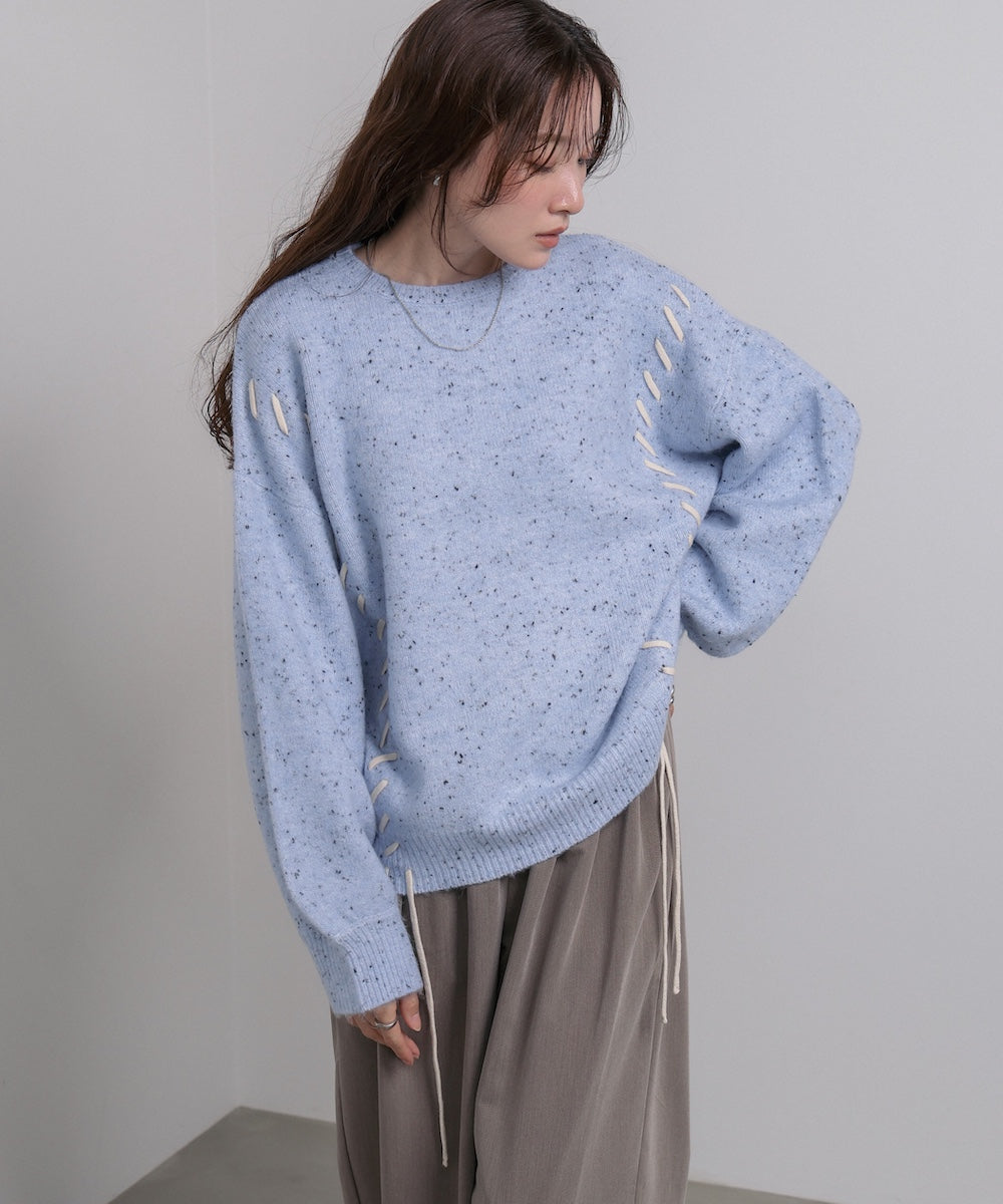 チョコチップ風ネップ 編み上げニットトップス