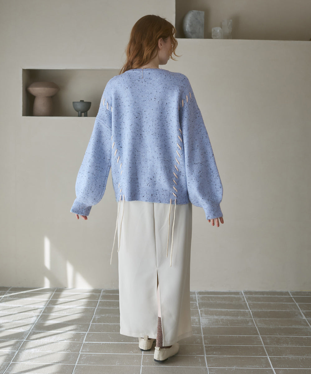 チョコチップ風ネップ 編み上げニットトップス