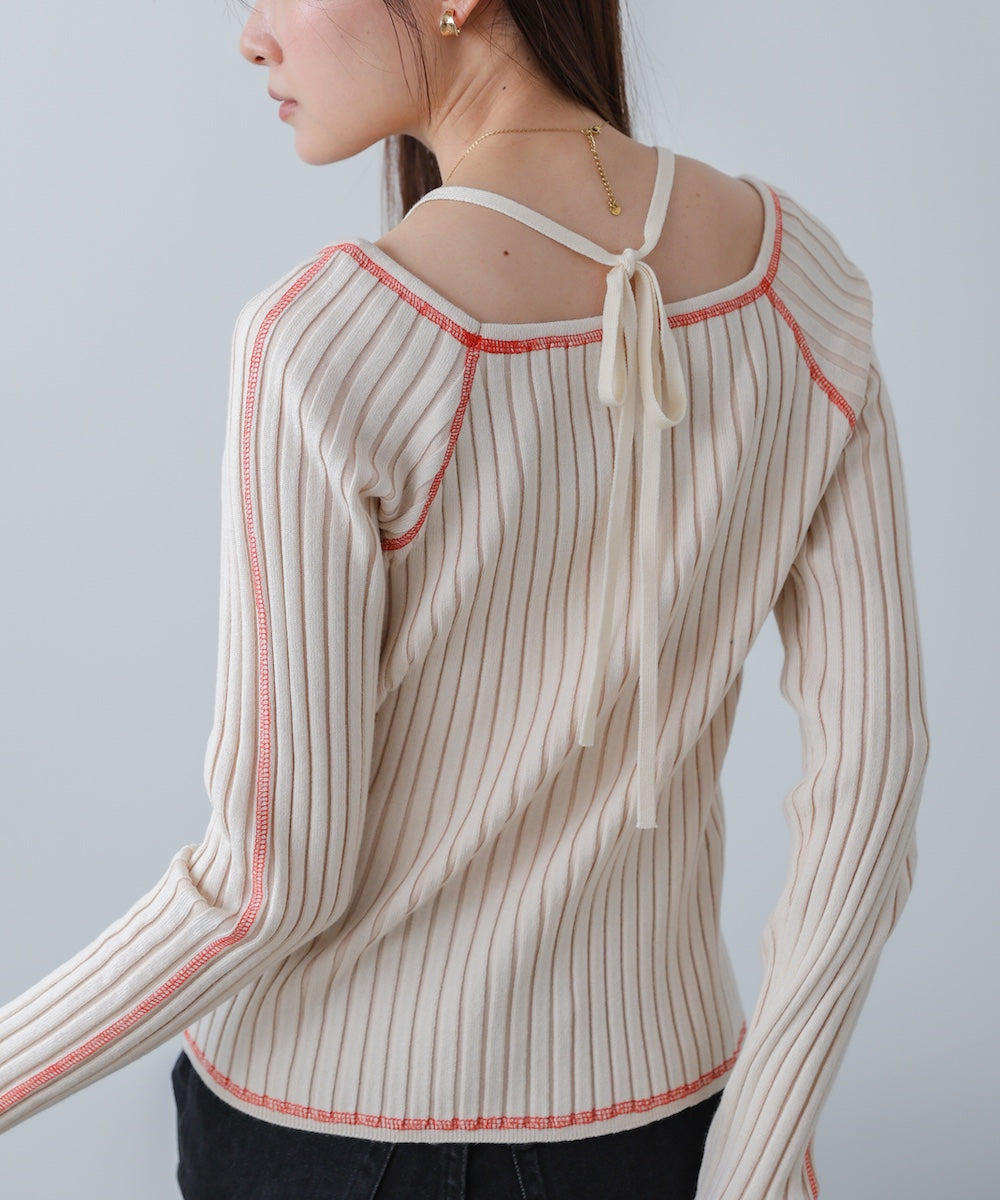 配色ステッチスクエアネックニットトップス
