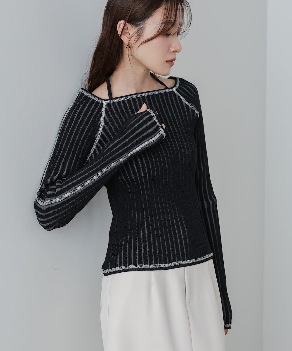 配色ステッチスクエアネックニットトップス