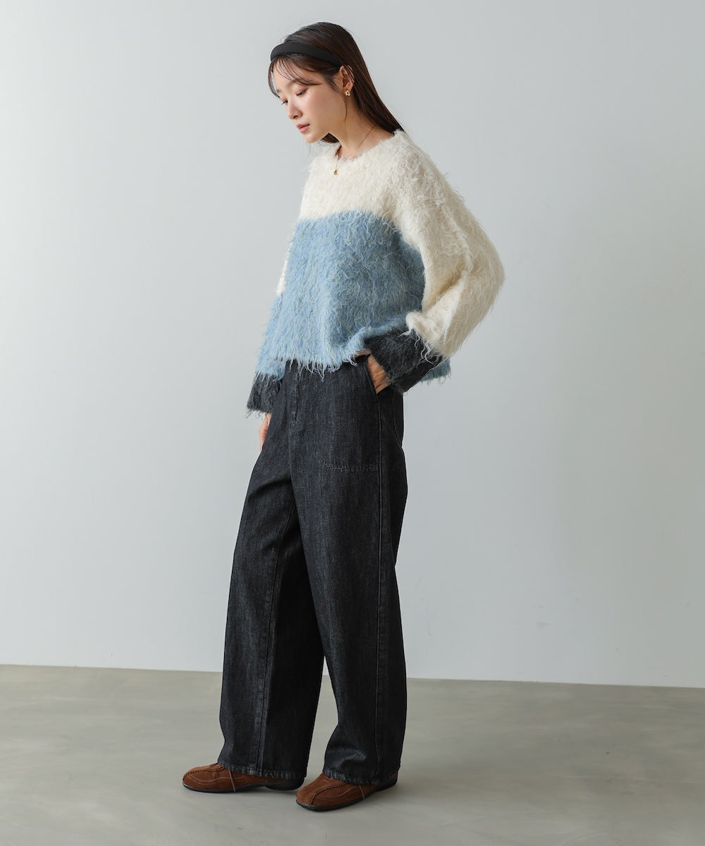 ウェーブ配色ショートニットトップス