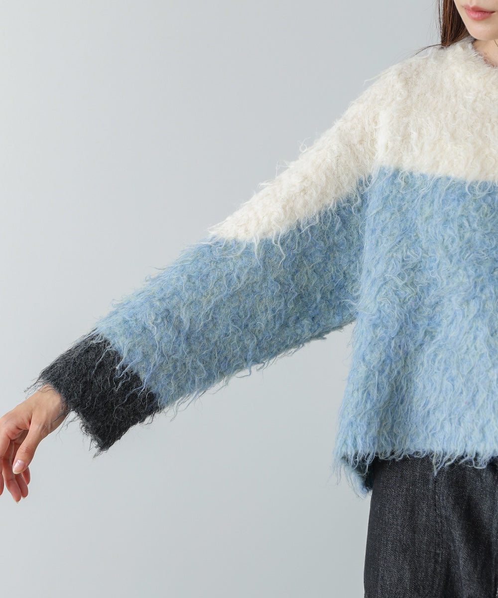 ウェーブ配色ショートニットトップス