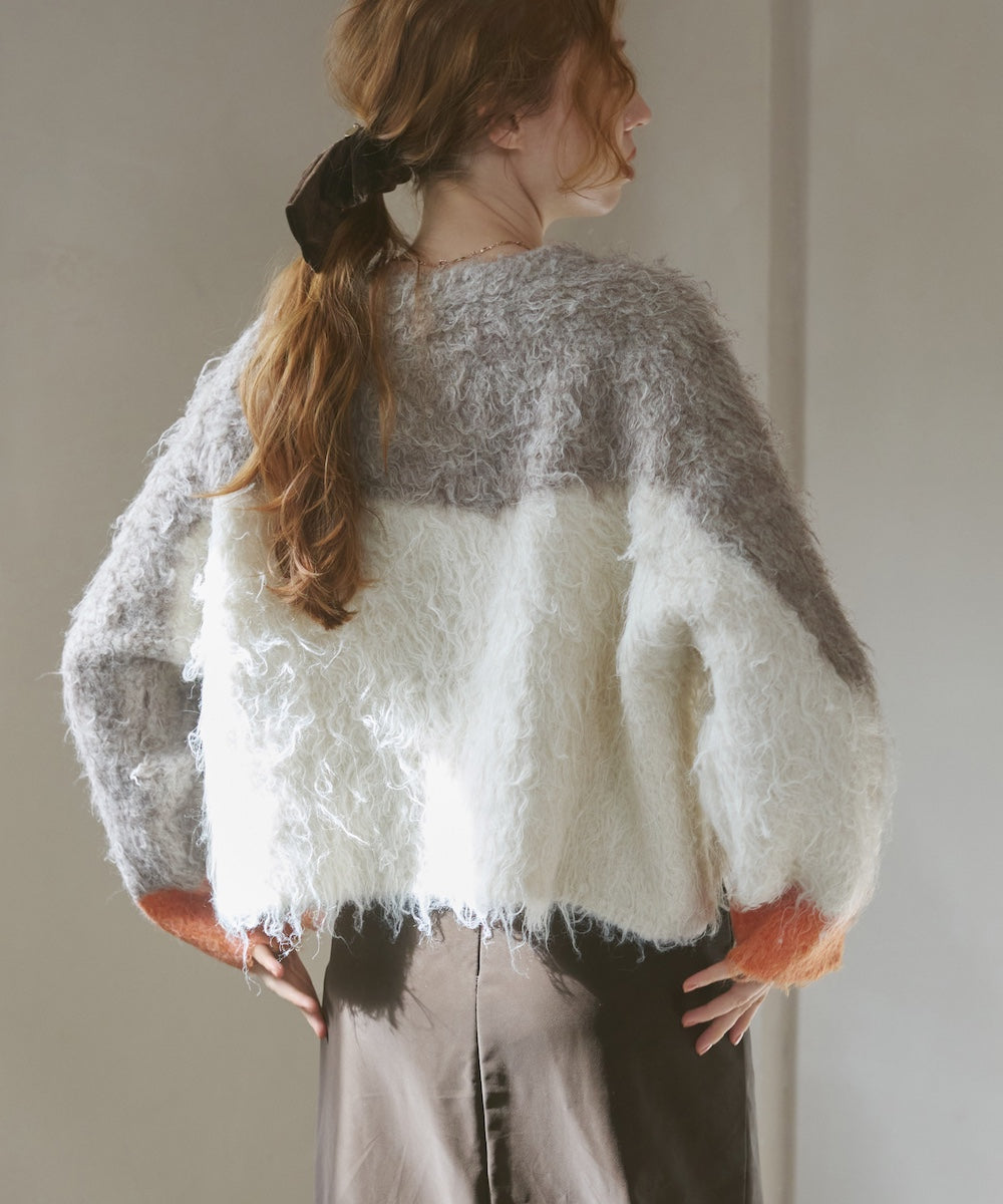 ウェーブ配色ショートニットトップス