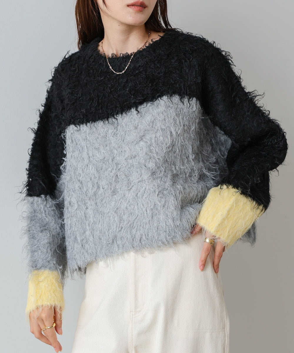 ウェーブ配色ショートニットトップス