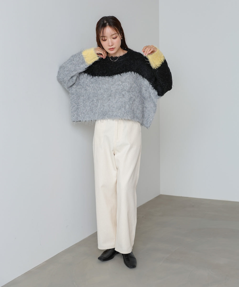 ウェーブ配色ショートニットトップス