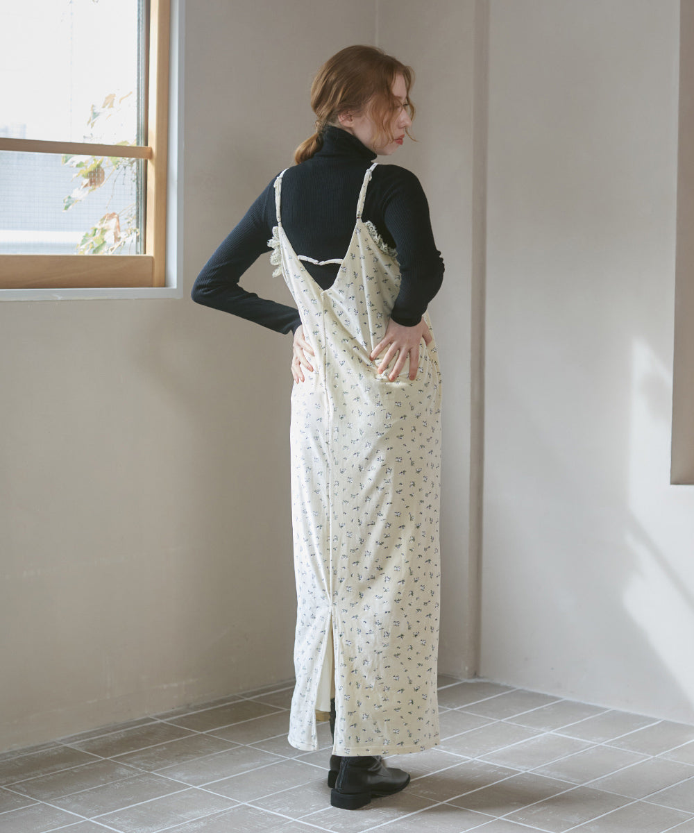 小花柄レース付きベロアキャミワンピース