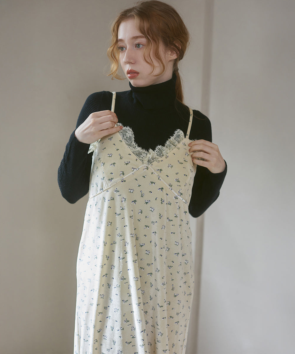 小花柄レース付きベロアキャミワンピース