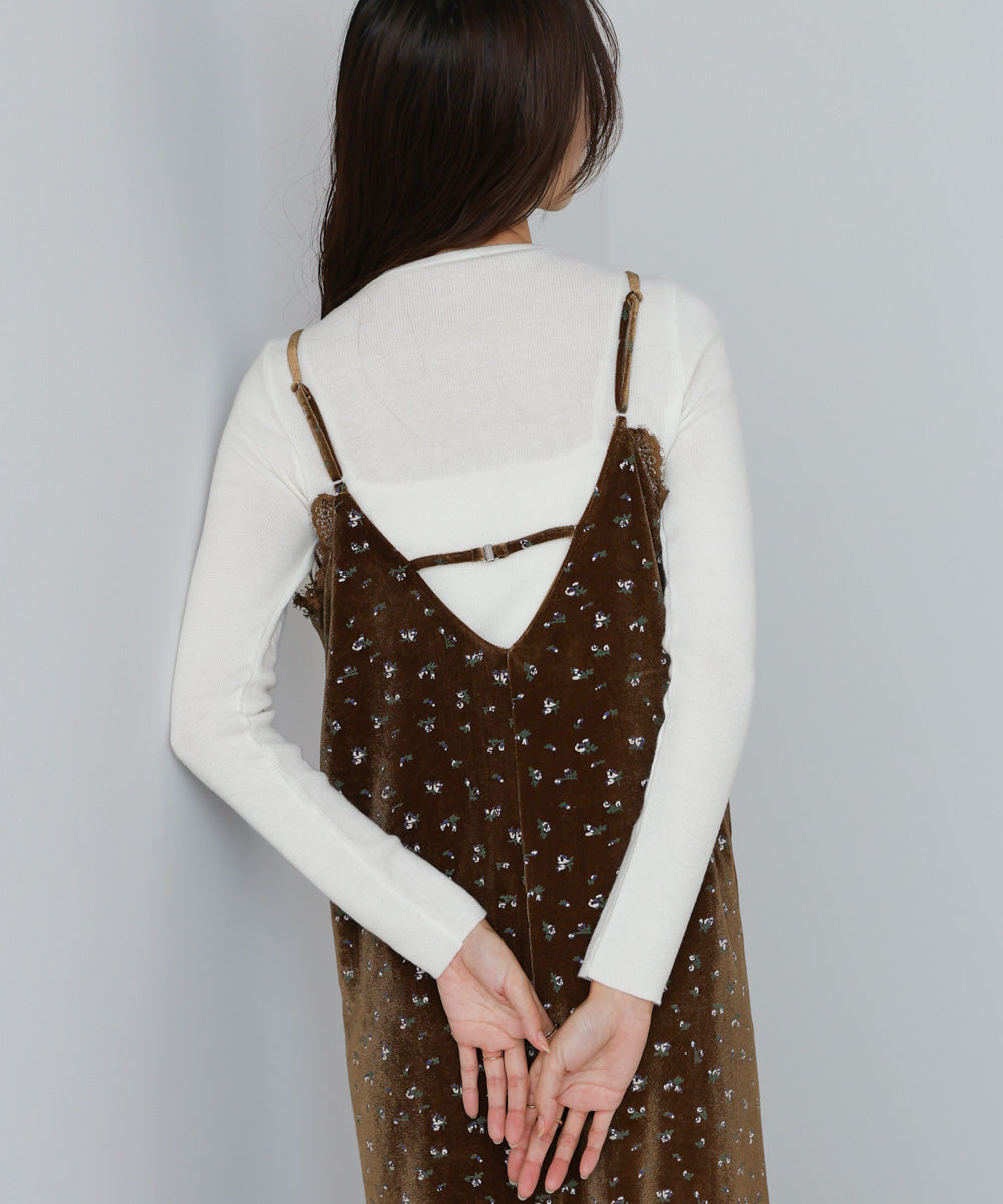 小花柄レース付きベロアキャミワンピース