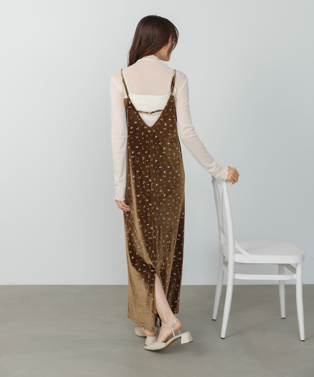 小花柄レース付きベロアキャミワンピース