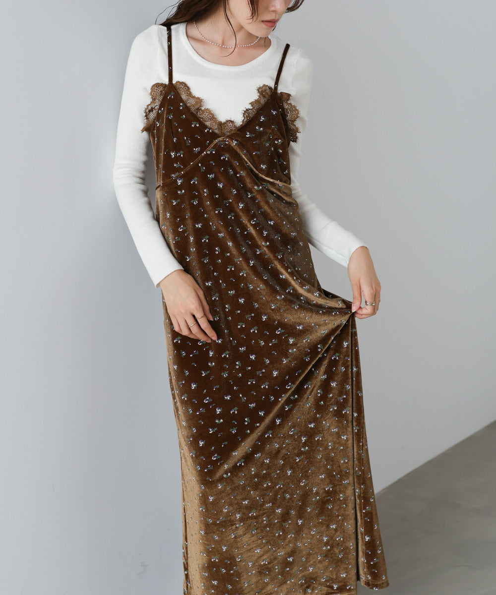 小花柄レース付きベロアキャミワンピース